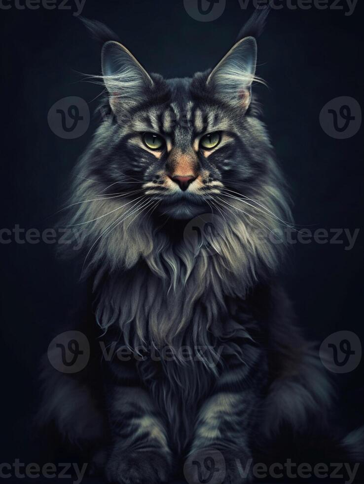 Portrait of a long-haired Maine Coon cat on dark background. photo