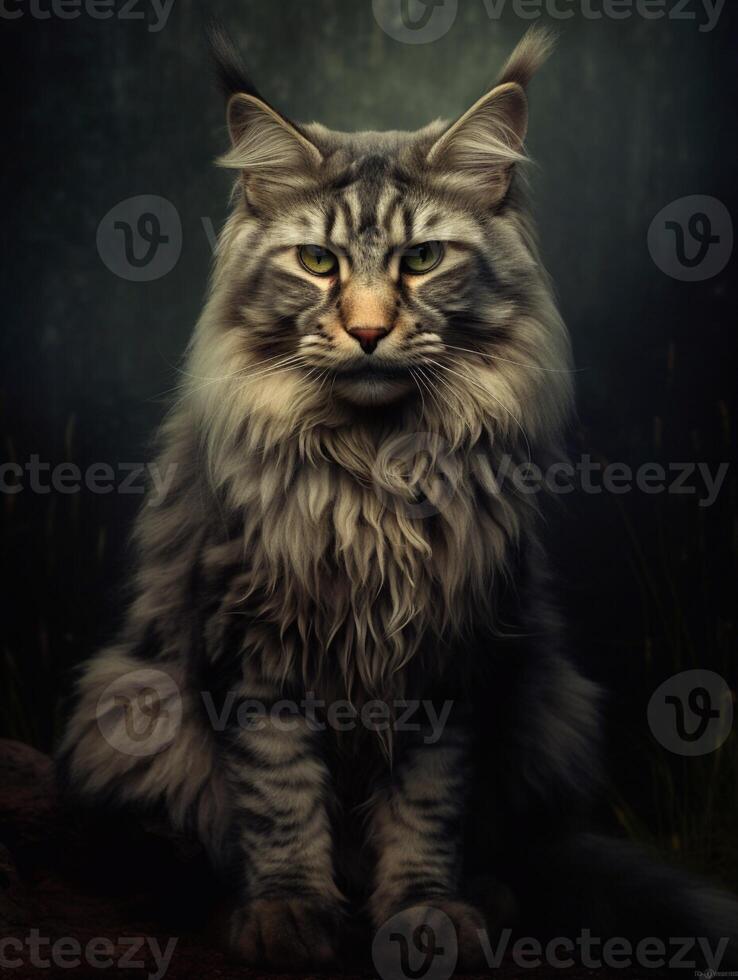 Portrait of a long-haired Maine Coon cat on dark background. photo