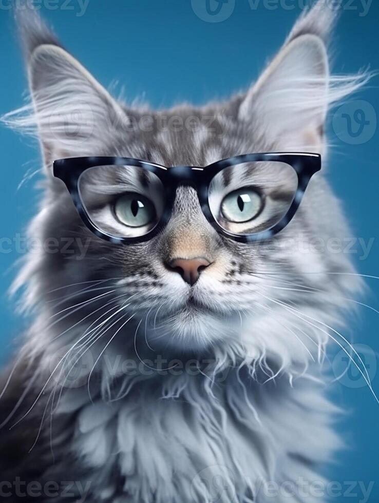 Ginger Maine coon cat wearing eyeglasses on blue background. photo