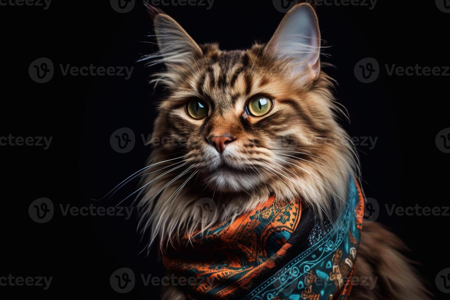 Portrait of Maine Coon cat wearing red scarf on black background. photo