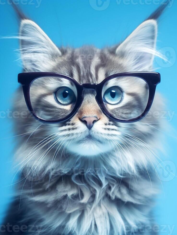 Ginger Maine coon cat wearing eyeglasses on blue background. photo