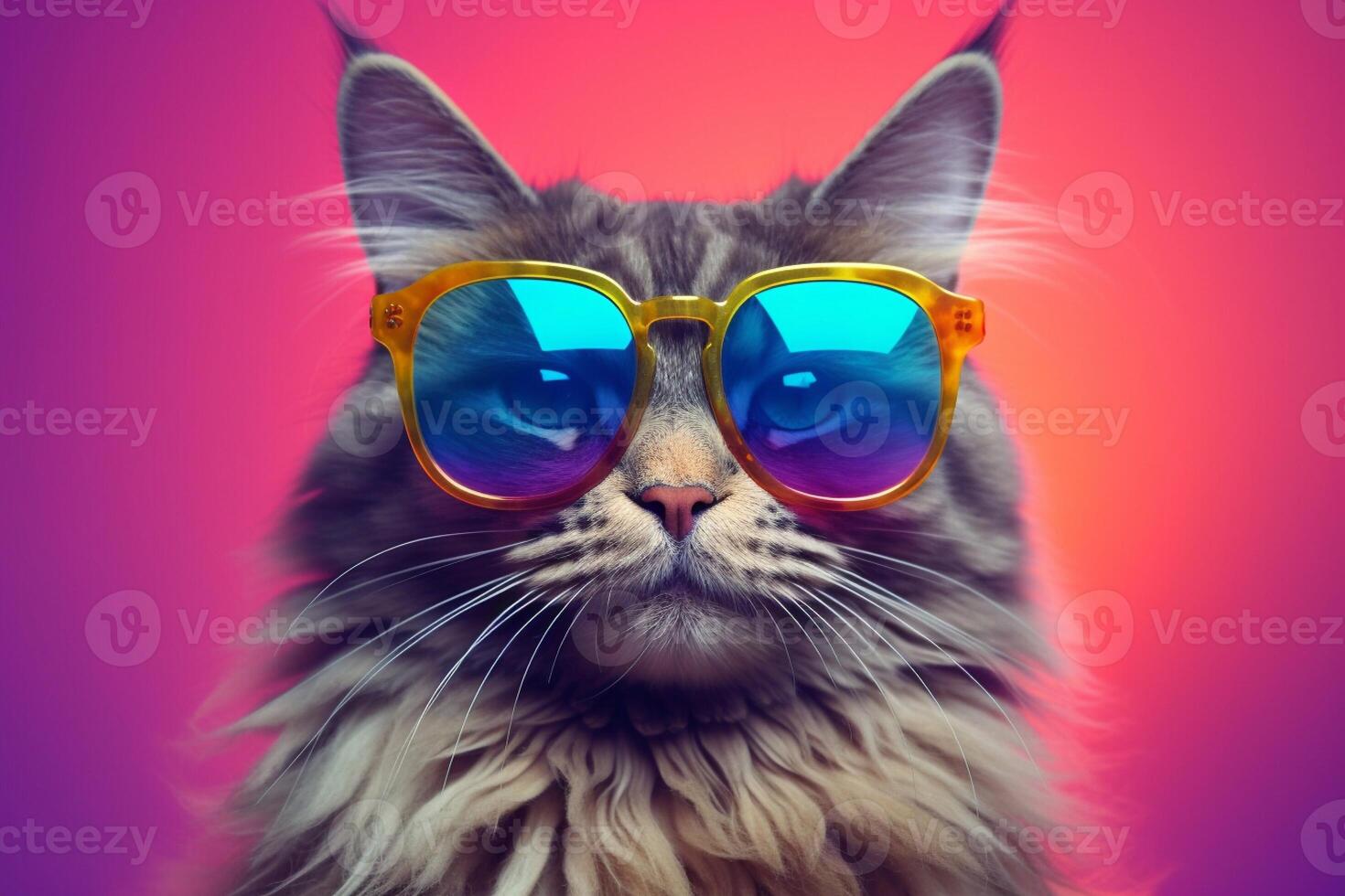 Portrait of a beautiful Maine coon cat wearing sunglasses on a pink background. photo