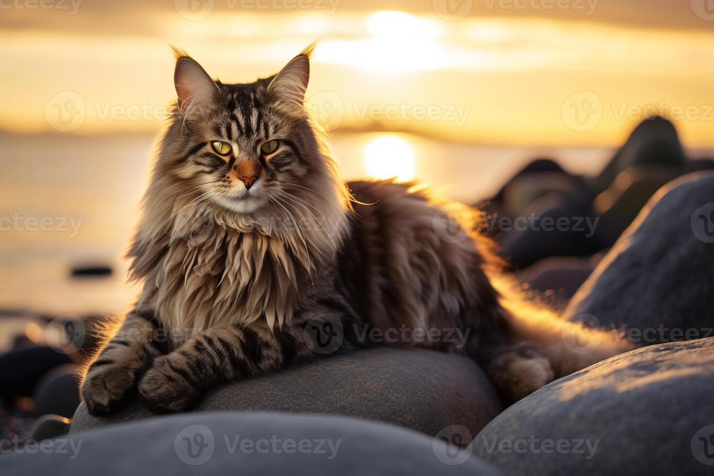 Beautiful Maine Coon cat on the seashore at sunset. photo