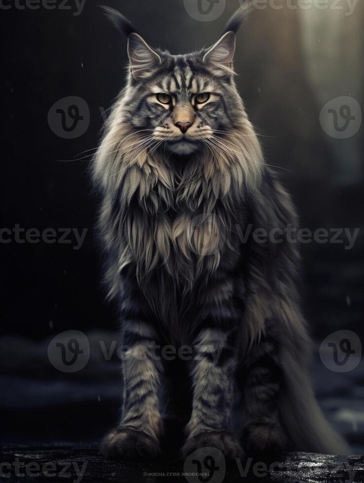 Portrait of a long-haired Maine Coon cat on dark background. photo