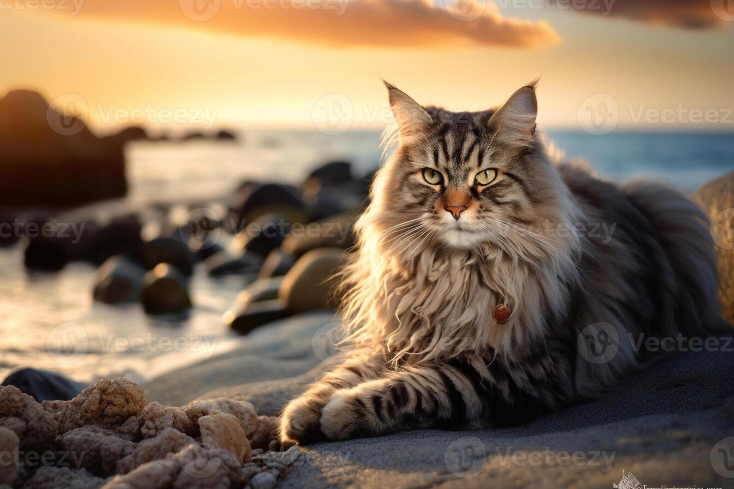Beautiful Maine Coon cat on the seashore at sunset. photo