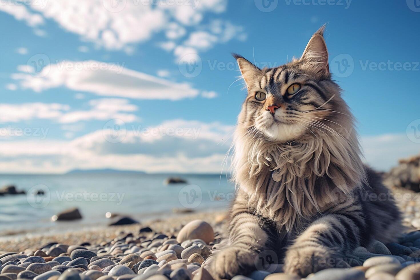 Maine Coon cat lying on the beach with blue sky background. photo