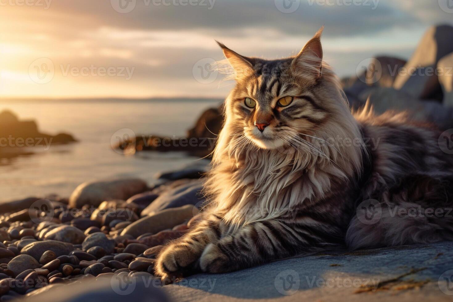 Beautiful Maine Coon cat on the seashore at sunset. photo