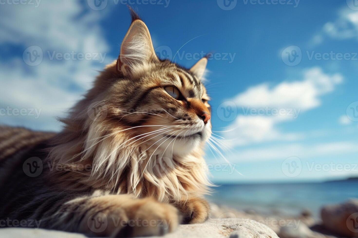 Maine Coon cat lying on the beach with blue sky background. photo