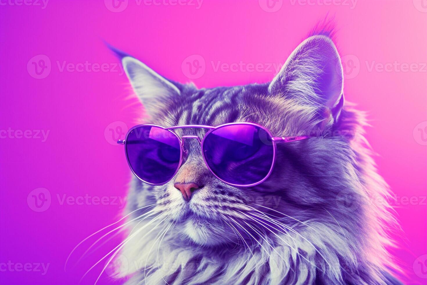 Portrait of a beautiful Maine coon cat wearing sunglasses on a pink background. photo