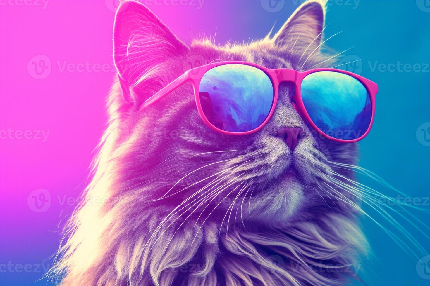 Portrait of a beautiful Maine coon cat wearing sunglasses on a pink background. photo