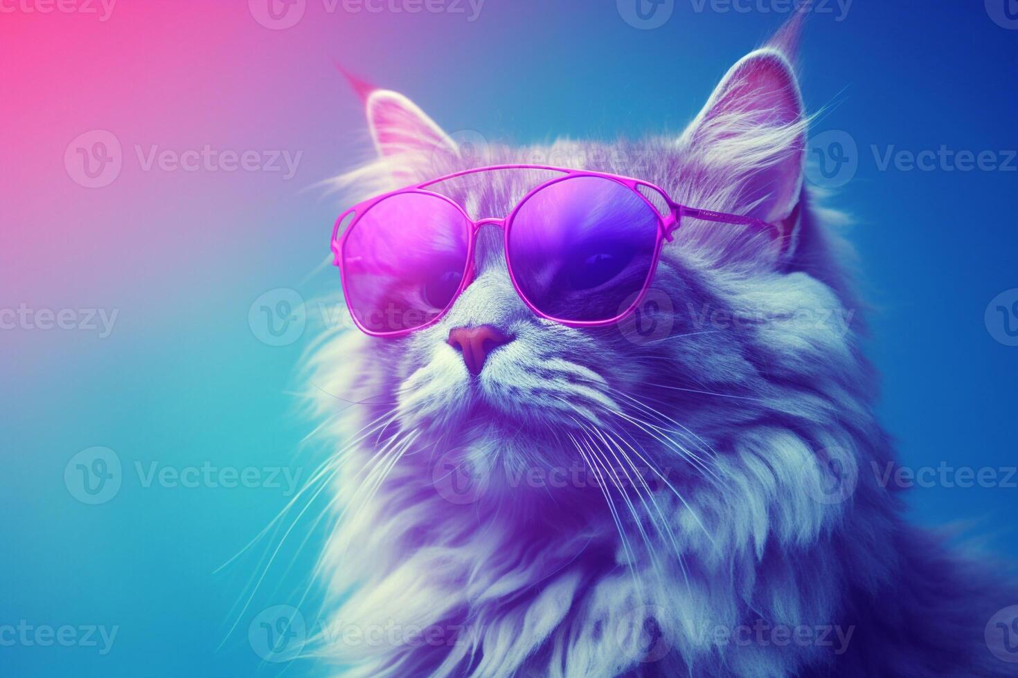 Portrait of a beautiful Maine coon cat wearing sunglasses on a pink background. photo