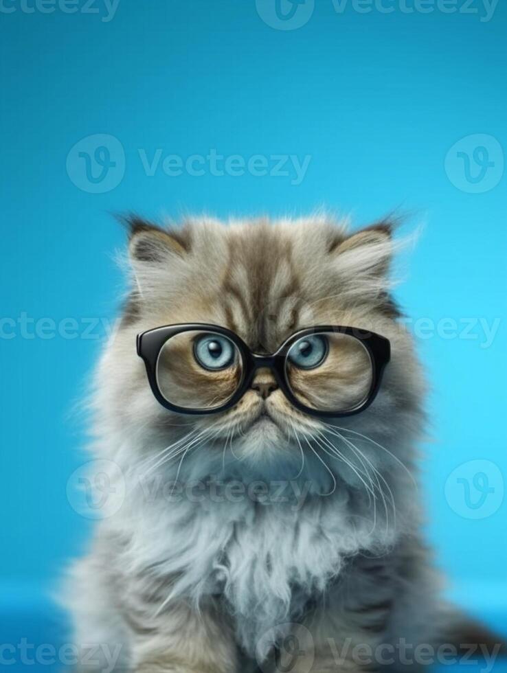 Beautiful Persian kitten wearing eyeglasses on blue background. photo