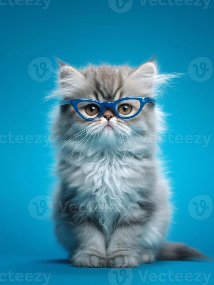 Beautiful Persian kitten wearing eyeglasses on blue background. photo