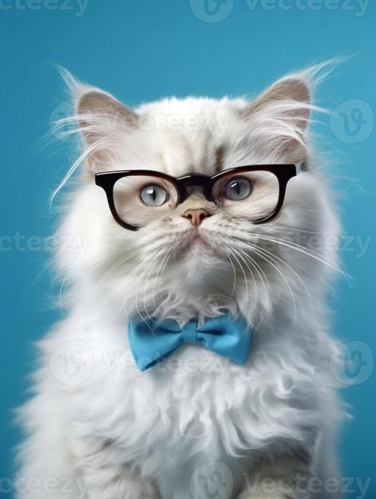 Beautiful Persian kitten wearing eyeglasses on blue background. photo