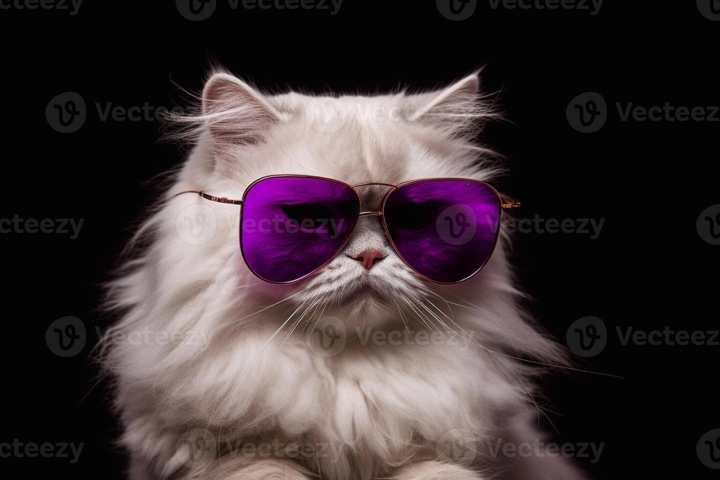 A cute Persian cat wearing purple sunglasses on blak background. photo