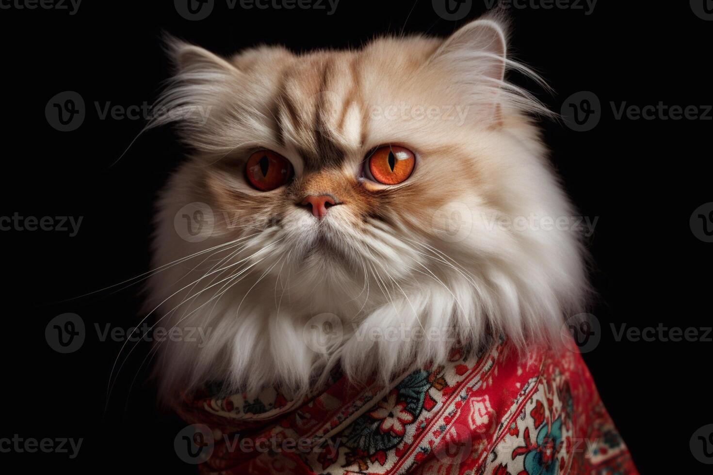 Close up portrait of Persian cat wearing scarf on black background. photo