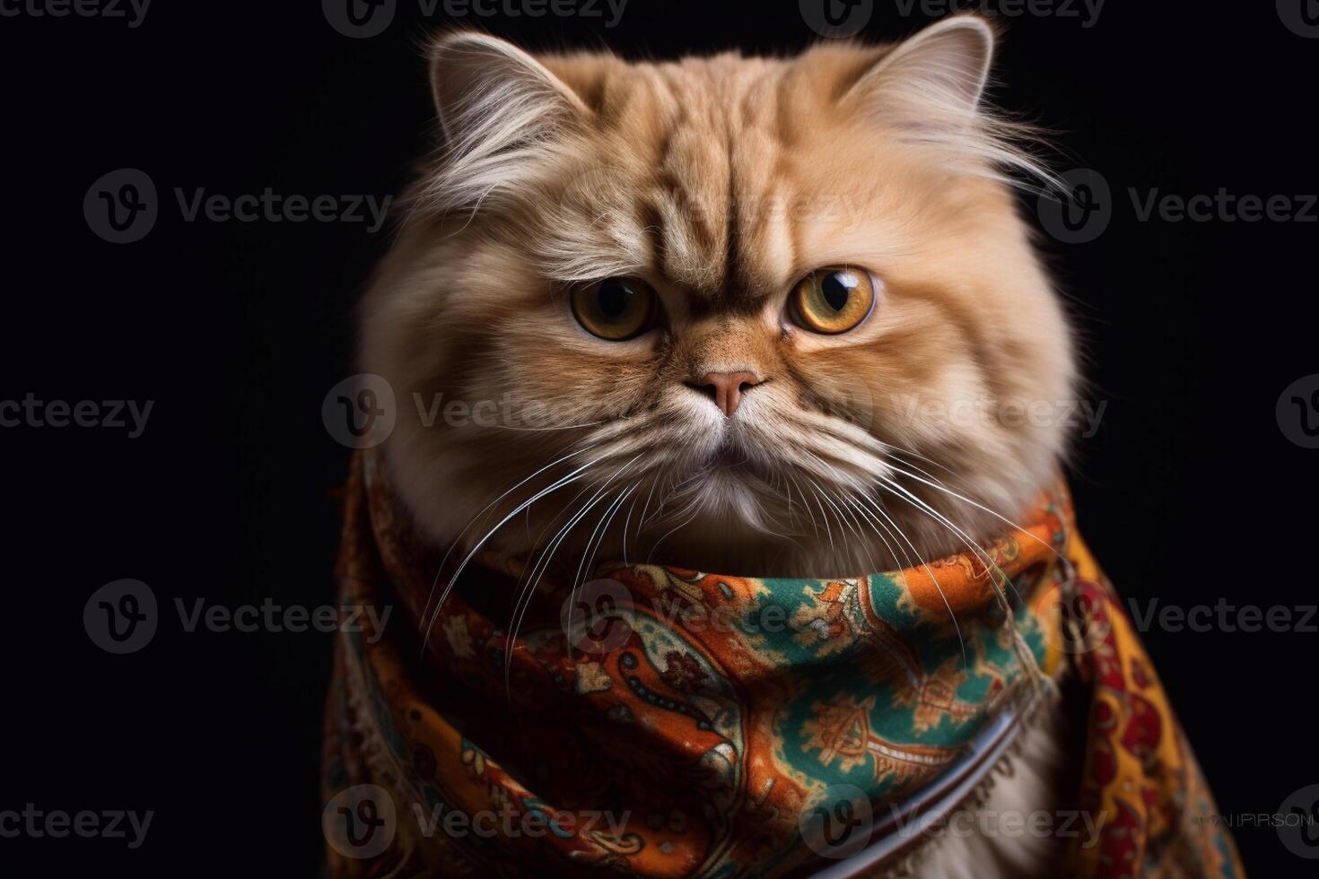 Close up portrait of Persian cat wearing scarf on black background. photo