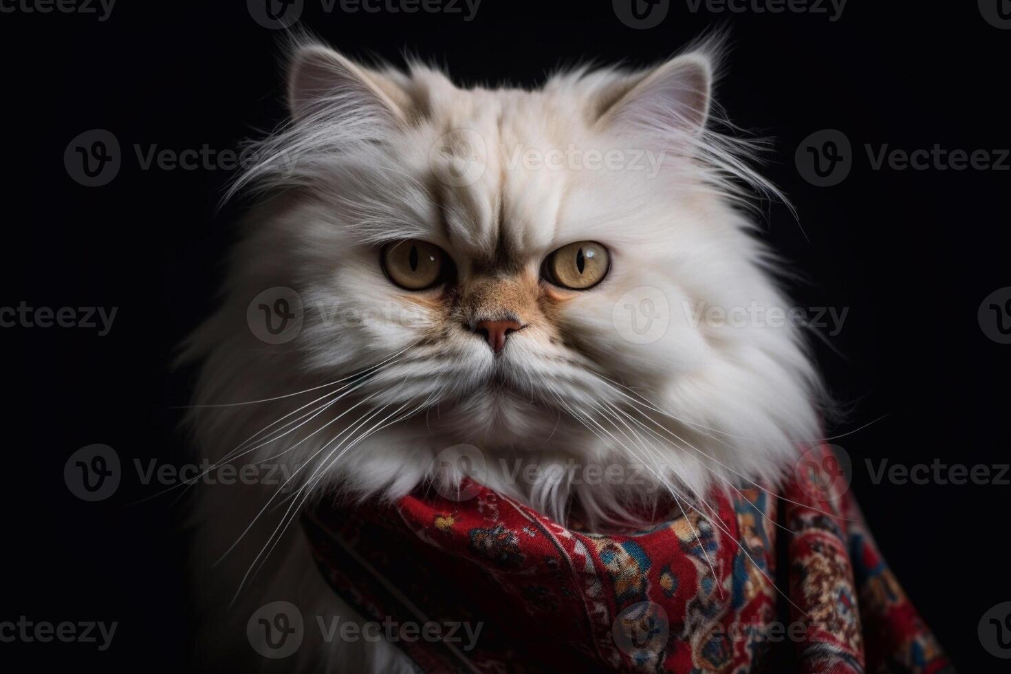 Close up portrait of Persian cat wearing scarf on black background. photo