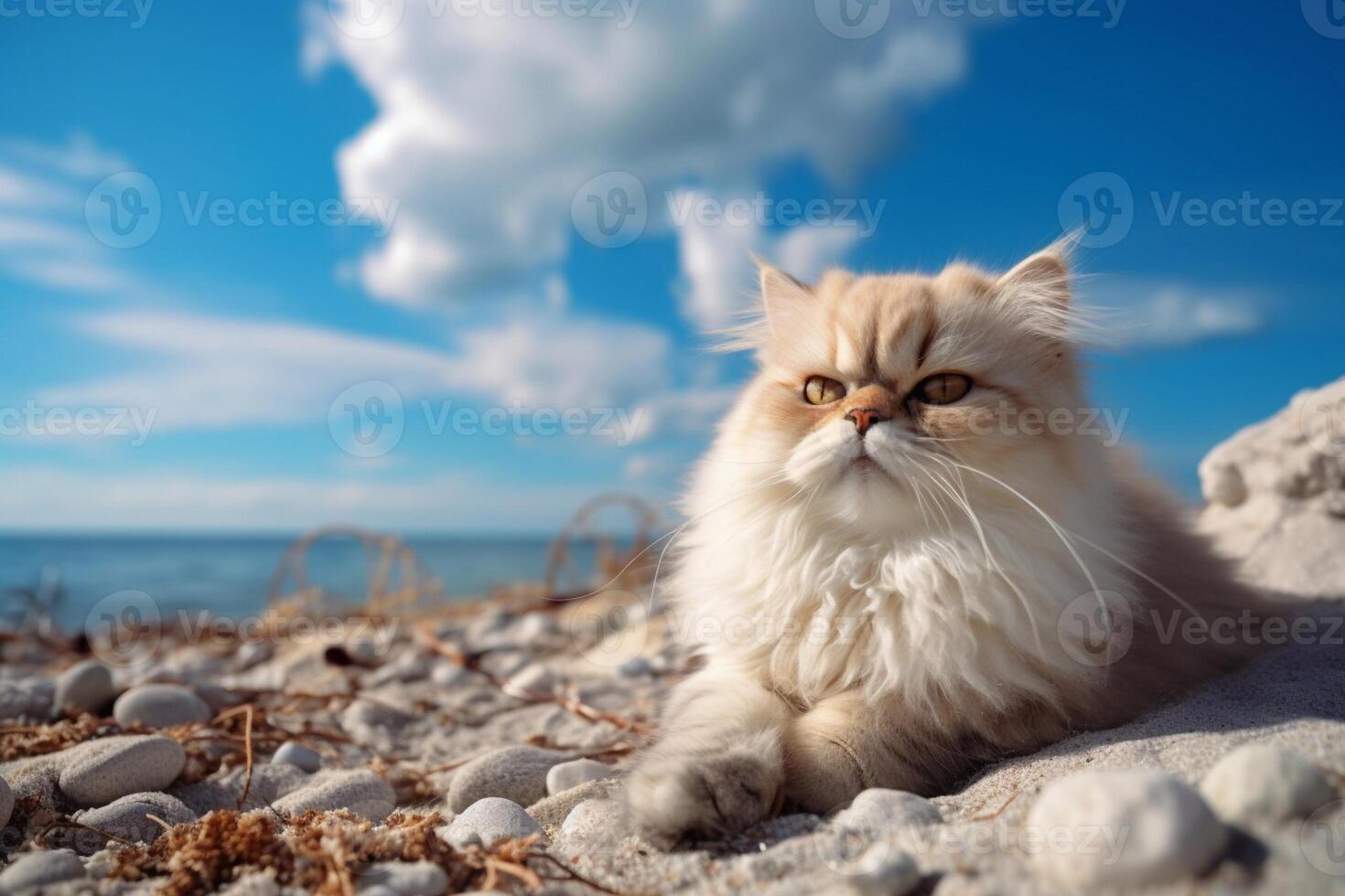 Persian cat on the beach with blue sky and white clouds. photo