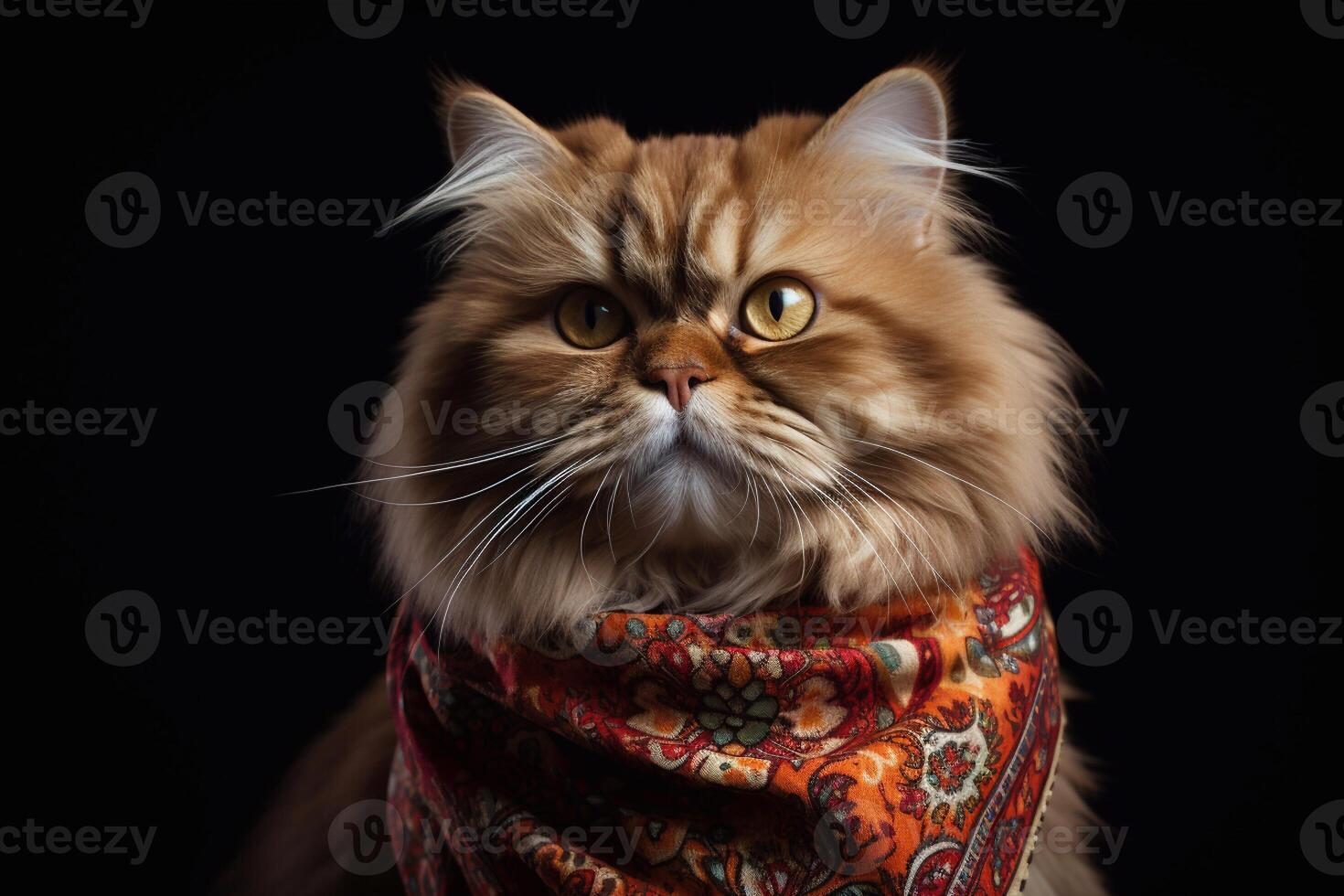 cerca arriba retrato de persa gato vistiendo bufanda en negro antecedentes. generativo ai foto