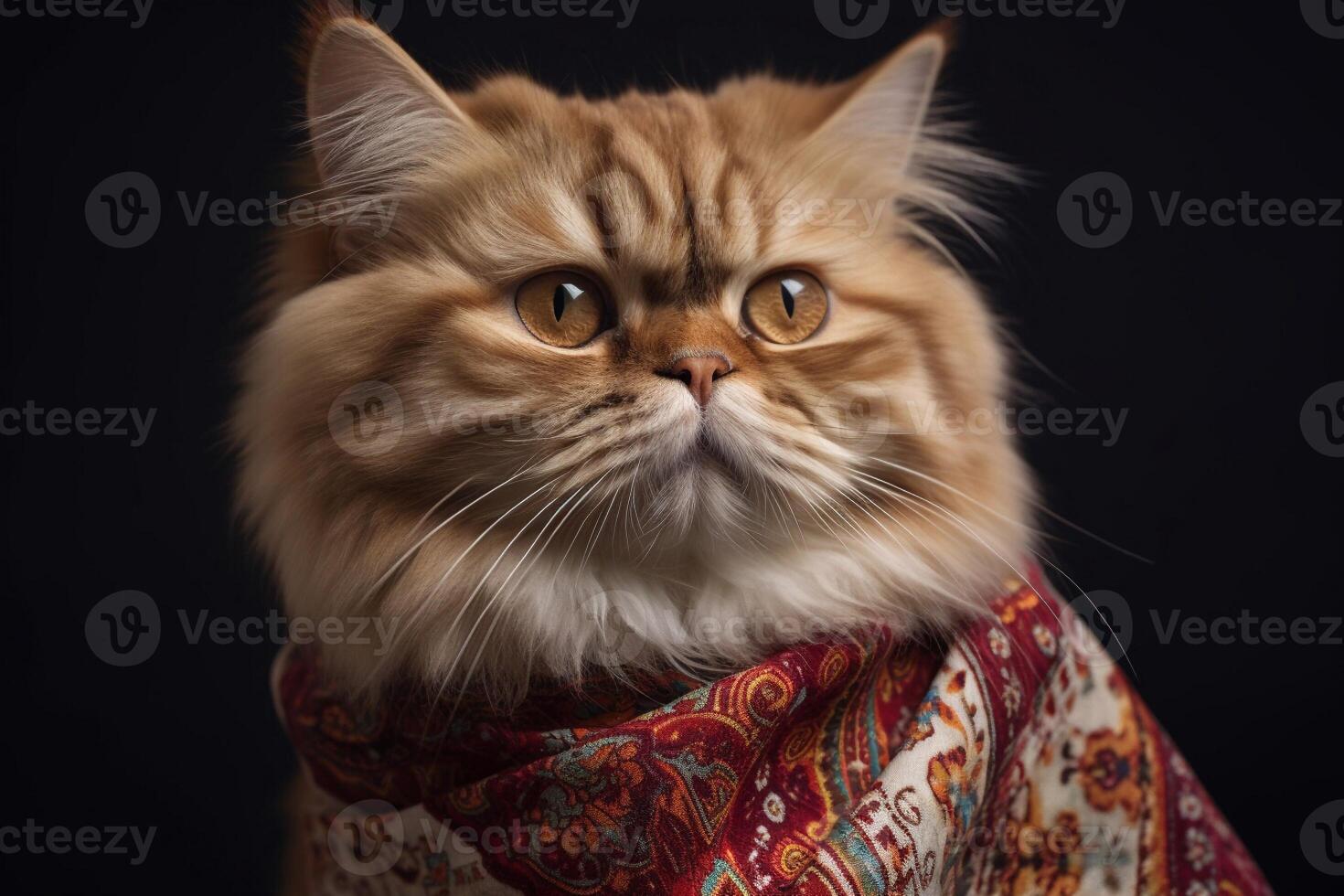 Close up portrait of Persian cat wearing scarf on black background. photo