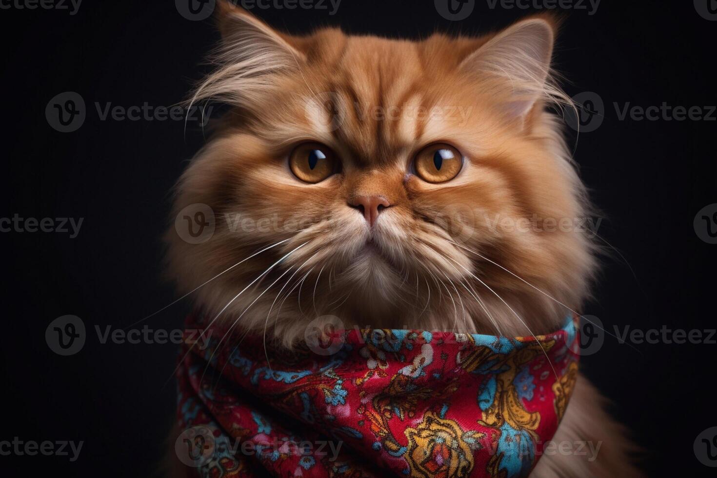 cerca arriba retrato de persa gato vistiendo bufanda en negro antecedentes. generativo ai foto