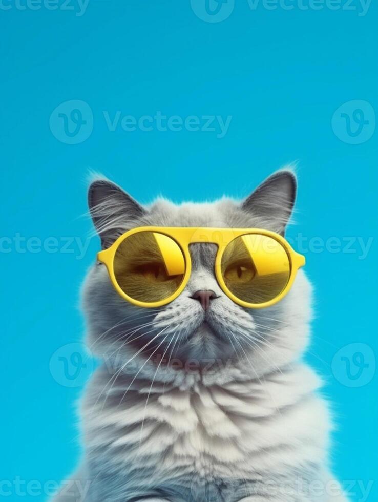 retrato de un gato vistiendo amarillo Gafas de sol en un azul antecedentes. foto