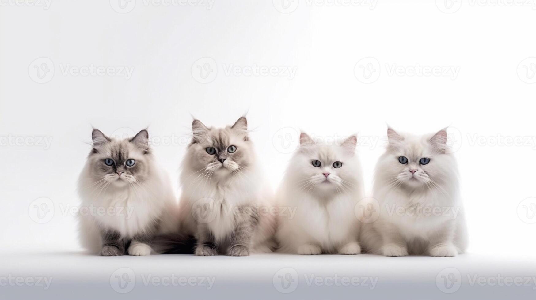 Three Ragdoll cats sitting on a white background and looking at the camera photo