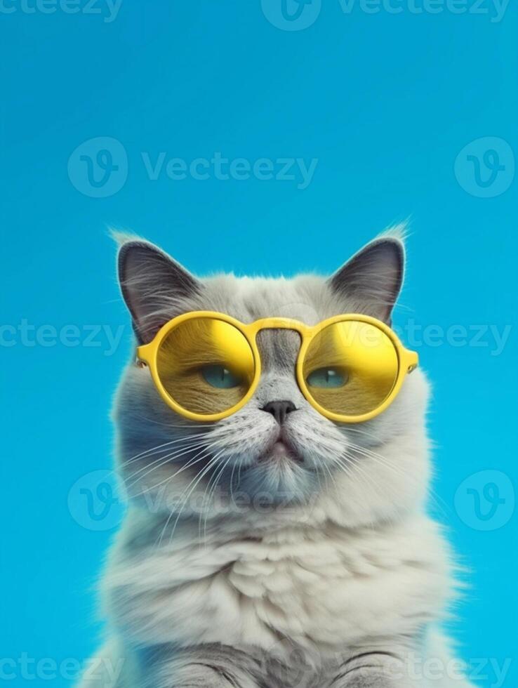 Portrait of a cat wearing yellow sunglasses on a blue background. photo