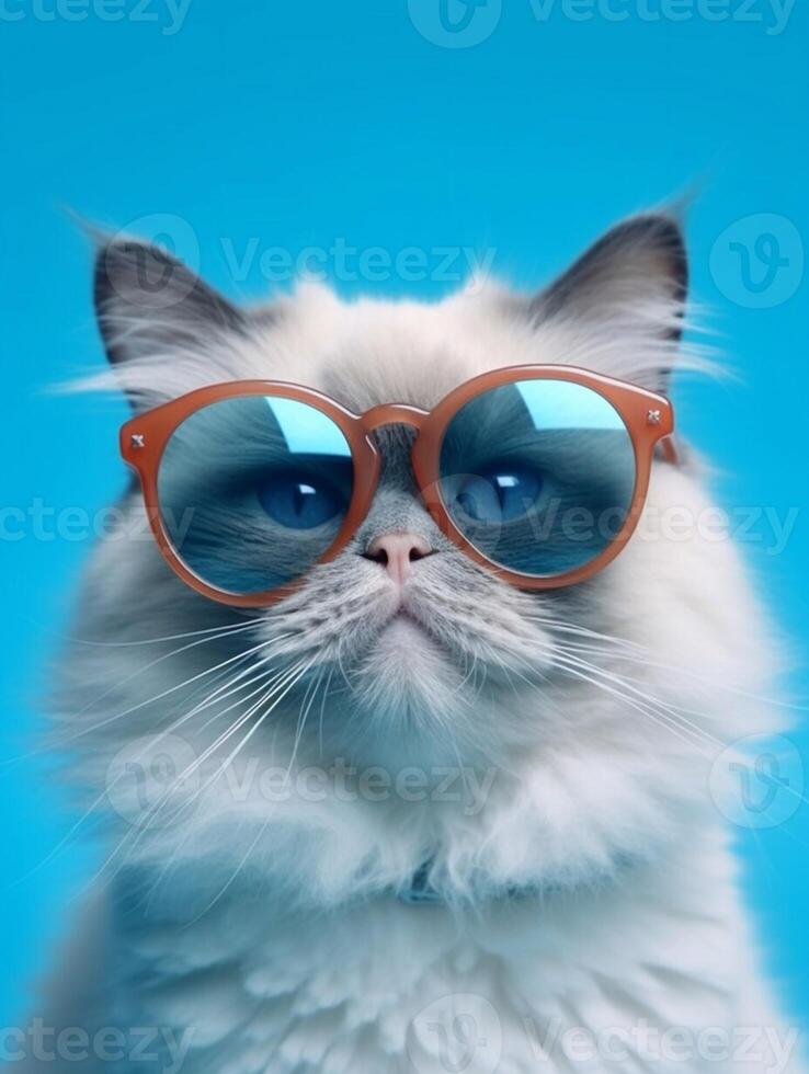 Beautiful Ragdoll cat wearing brown glasses on blue backgroun. photo