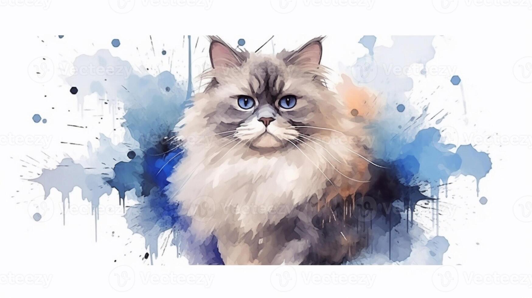 Ragdoll cat on a white background with blue watercolor splashes. photo
