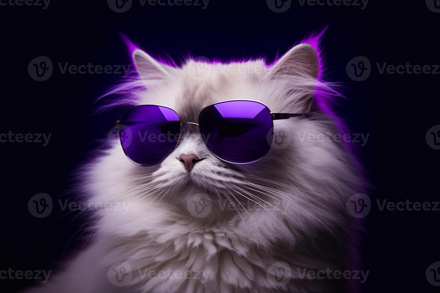 retrato de persa gato vistiendo púrpura Gafas de sol aislado en negro antecedentes foto