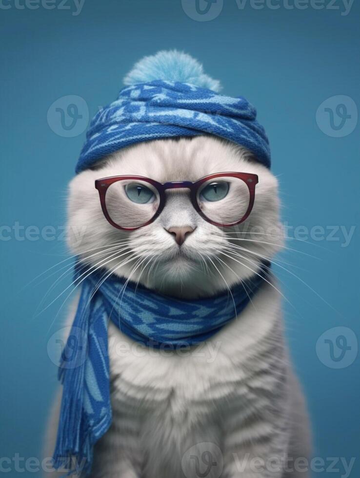 A cute Ragdoll cat wearing glasses on blue background. photo