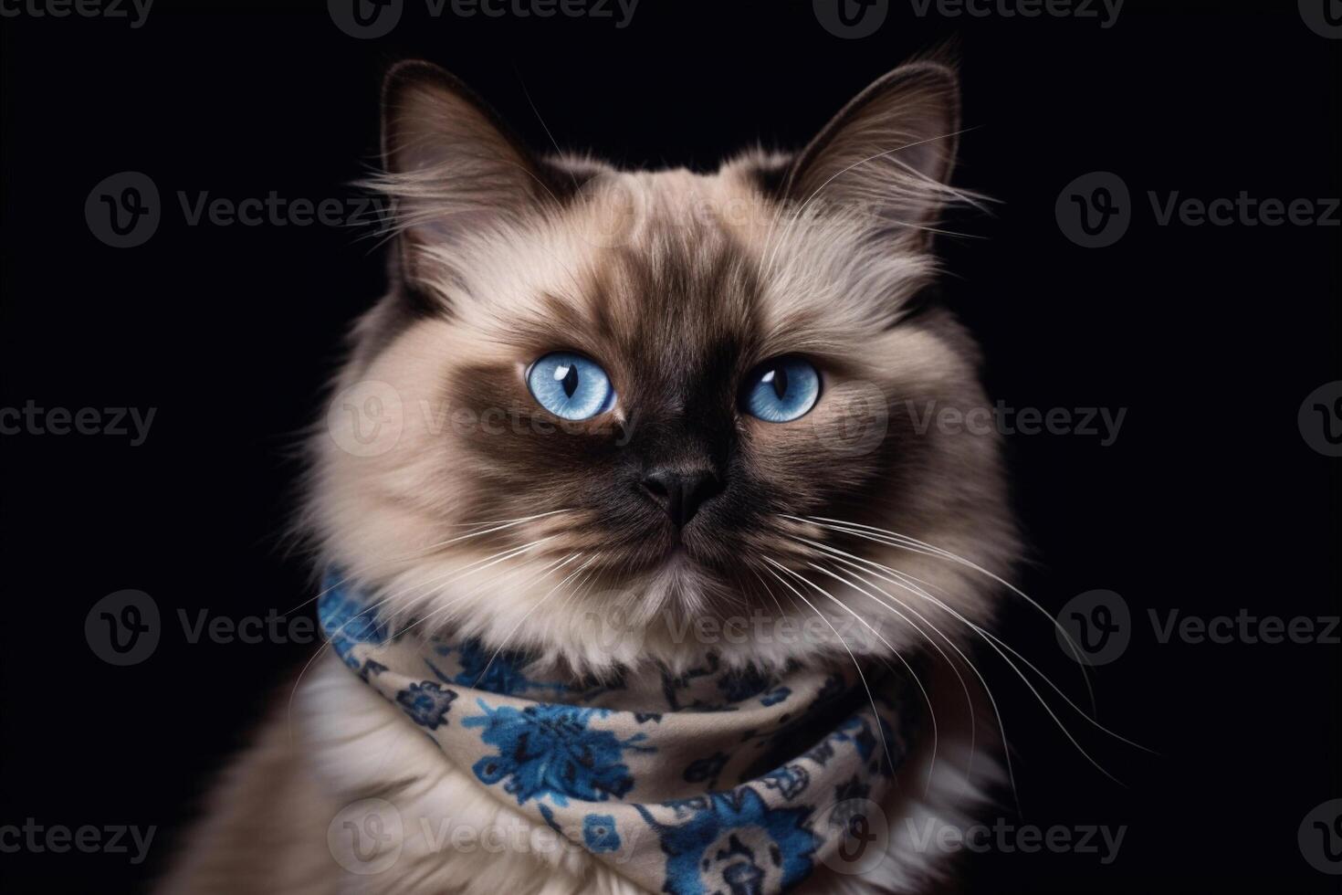 A cute ragdoll cat wearing scarf on black background. photo