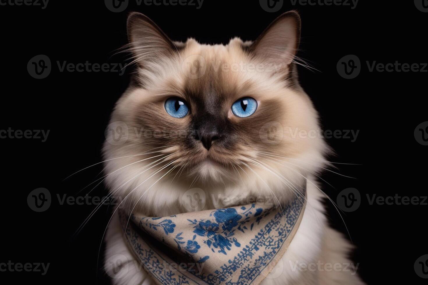 A cute ragdoll cat wearing scarf on black background. photo