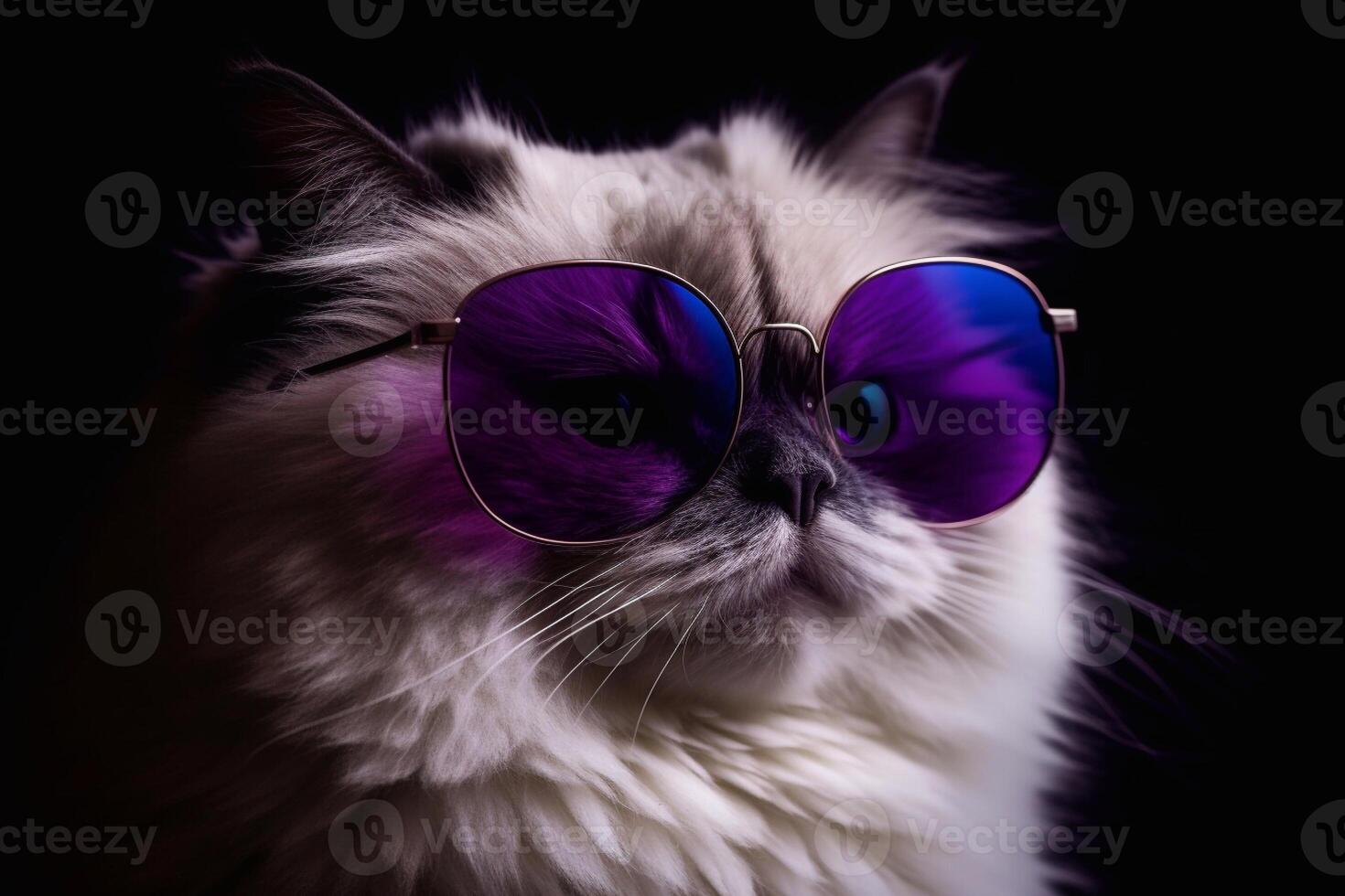 ragdoll cat wearing purple glasses on black background. generative ia photo