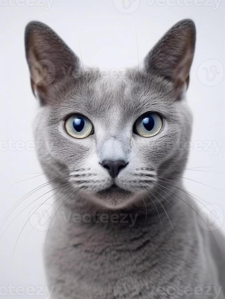 Close up portrait of Russian blue on white background. photo
