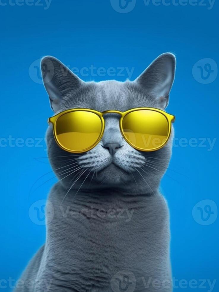 Cute Russian blue cat wearing yellow sunglasses on blue background. photo