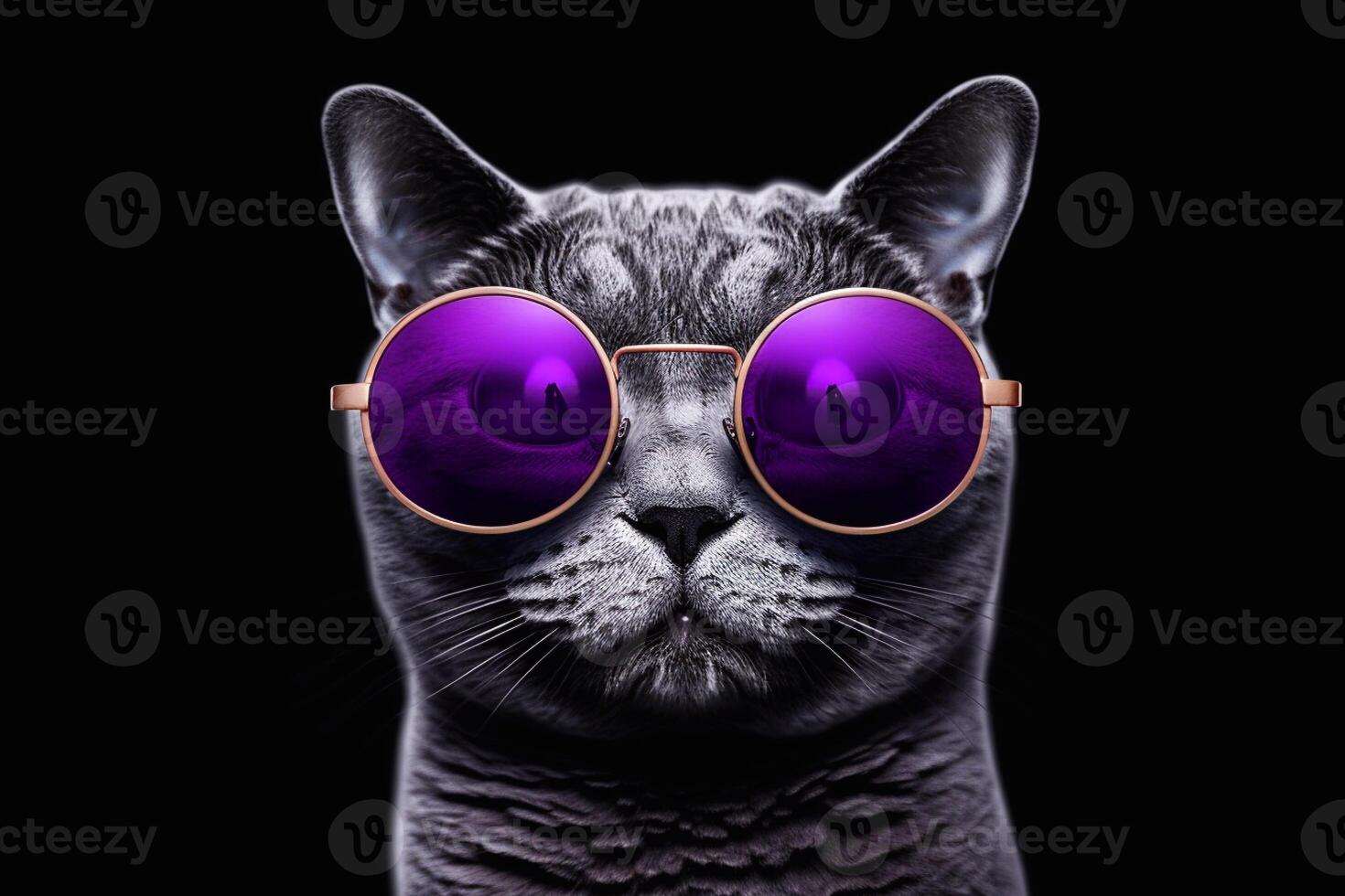 Close up of cat wearing pink sunglasses isolated on black background. photo
