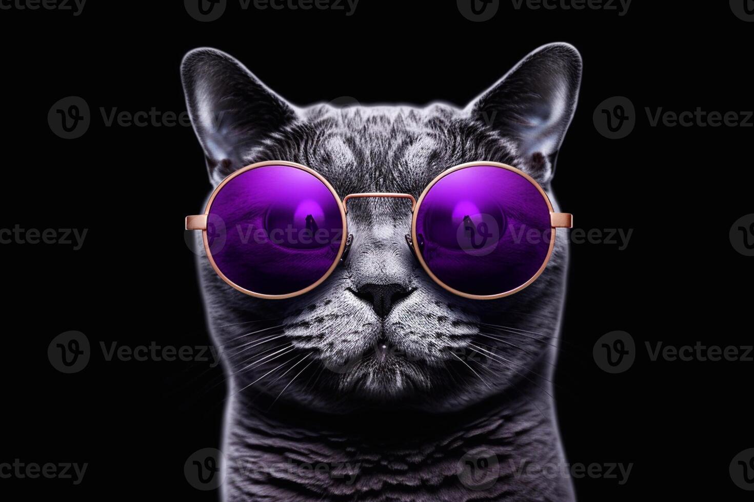 cerca arriba de gato vistiendo rosado Gafas de sol aislado en negro antecedentes. generativo ai foto