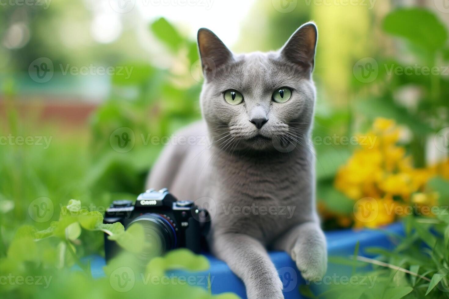 Beautiful gray cat sitting on the grass with a camera. photo