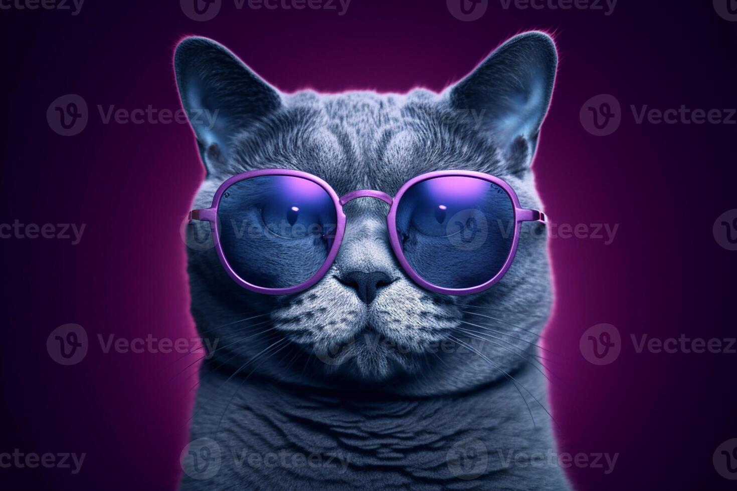 Close up of cat wearing pink sunglasses isolated on black background. photo