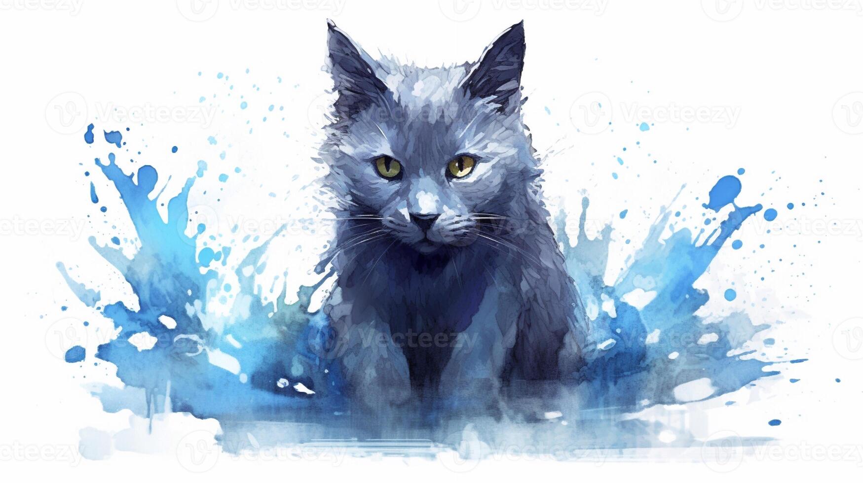 acuarela ilustración de un ruso azul gato con salpicaduras en un blanco antecedentes. generativo ai foto