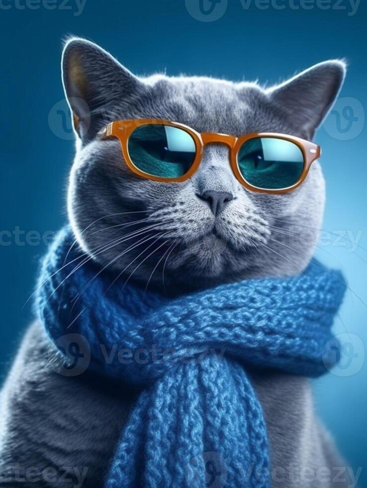 hermosa ruso azul gato vistiendo lentes y bufanda en azul antecedentes. generativo ai foto
