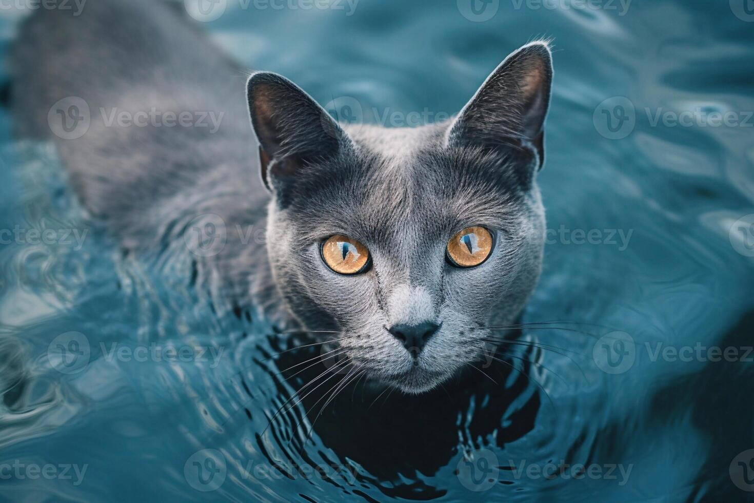 Portrait of a Russian blue cat with blue eyes in the water. photo