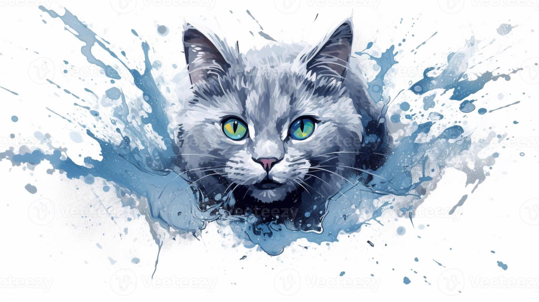 acuarela ilustración de un ruso azul gato con salpicaduras en un blanco antecedentes. generativo ai foto