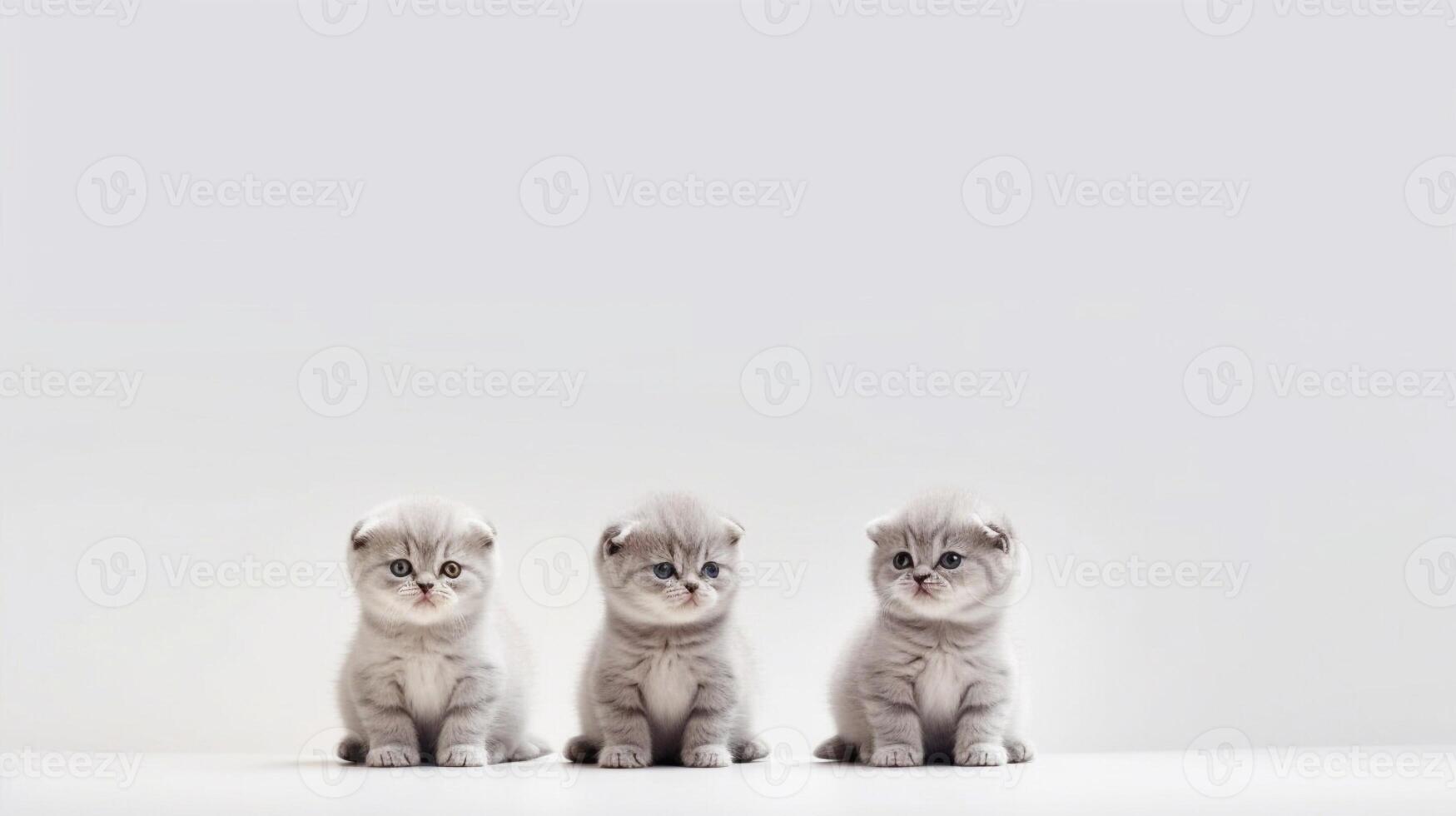 Three grey scottish fold kittens sitting on a white background. photo