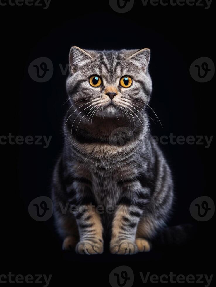 Studio portrait of beautiful scottish fold cat, isolated on black background. photo