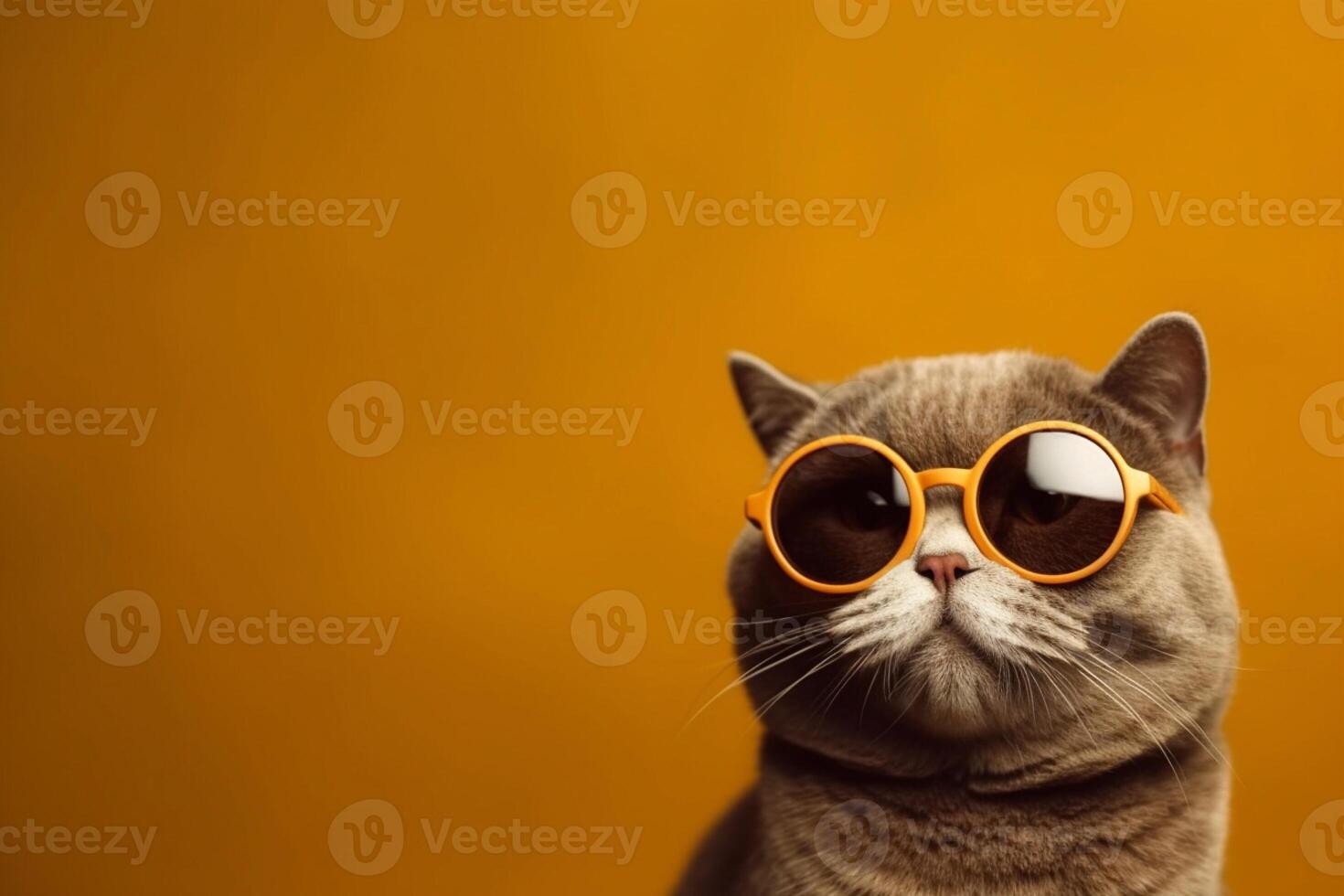 Cute Scottish fold cat wearing brown cat on yellow background. photo