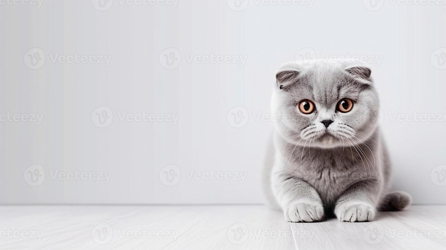 Cute Scottish fold kitten on white background with copy space. photo